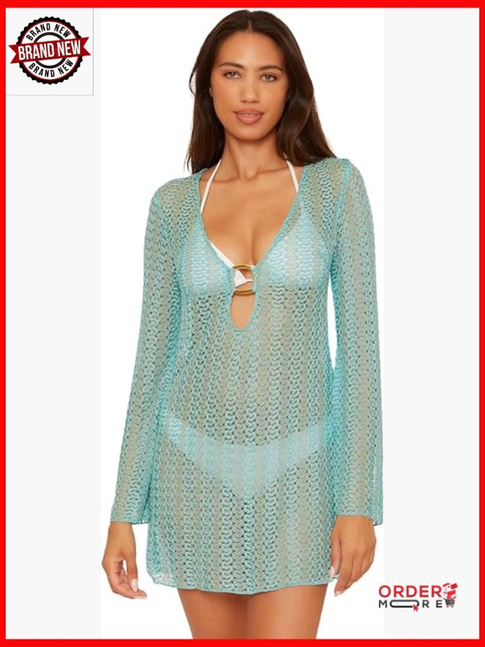 Women's Crochet Tunic Swim Cover Up Plunge Neck Bell Sleeve Beach Vacation